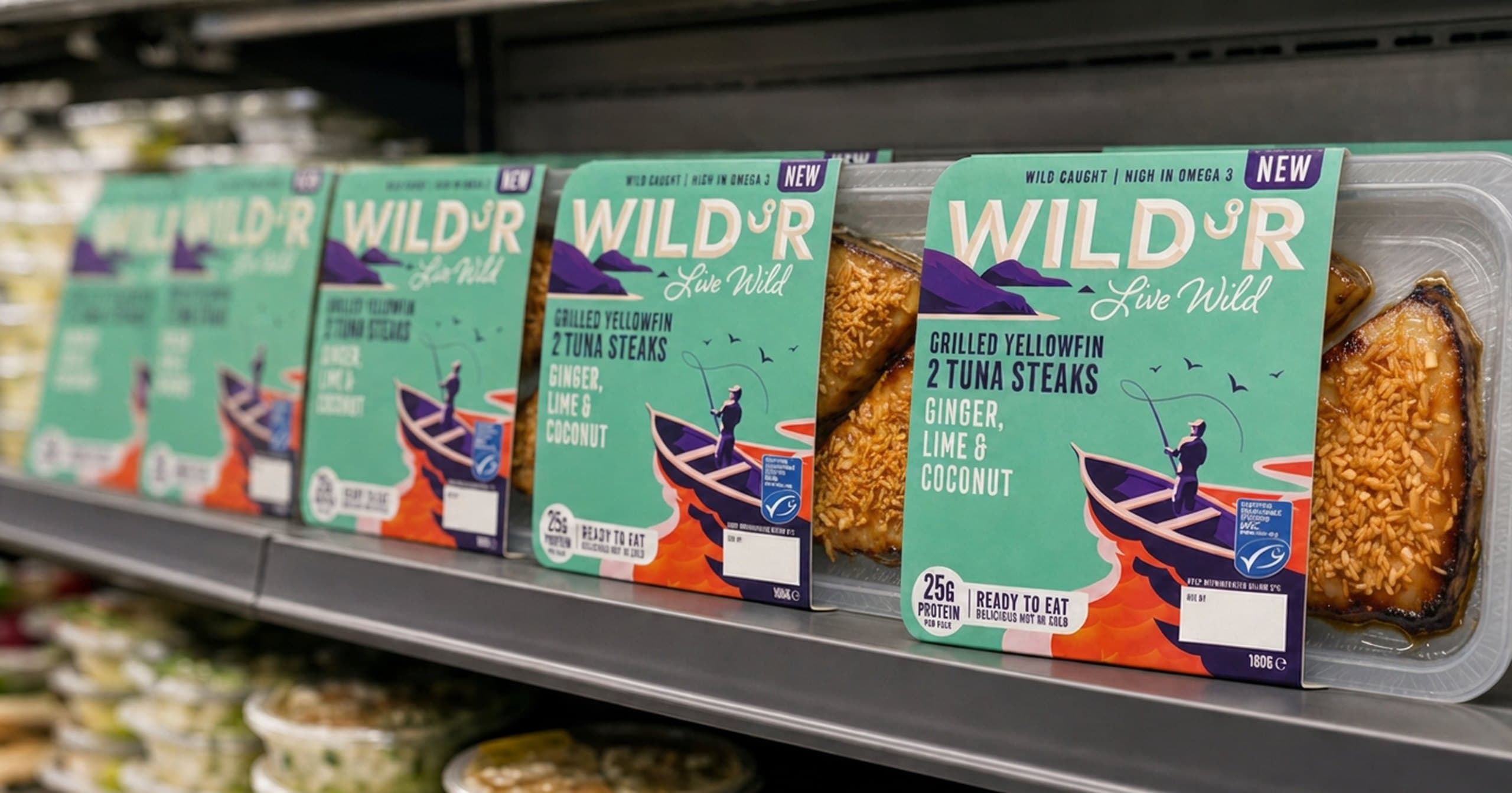 WILD'R Grilled Yellowfin Tuna Steaks packs lined up on a chilled supermarket shelf
