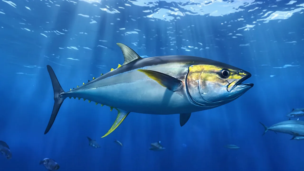 A yellowfin swimming, side on, yellow fins catching the light