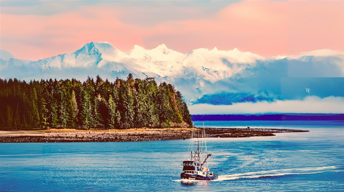 A fishing boat on a bay below snow-capped Alaskan mountains