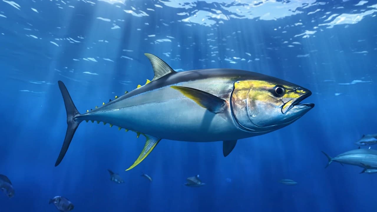 A yellowfin tuna swimming in sunlit blue water