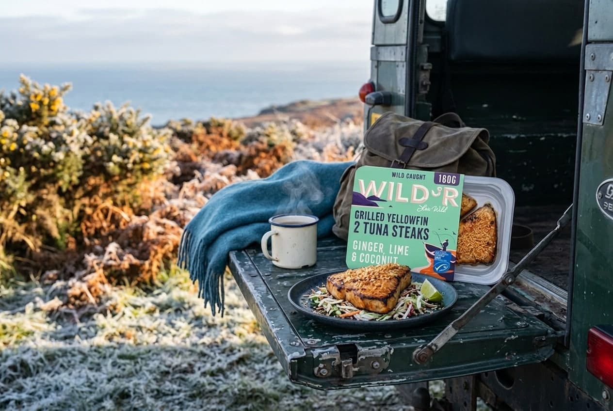 A WILD'R Ginger, Lime & Coconut tuna steaks pack and a grilled tuna steak on slaw, set out on the tailgate of a 4x4 beside a steaming mug, a frosty headland and the sea behind