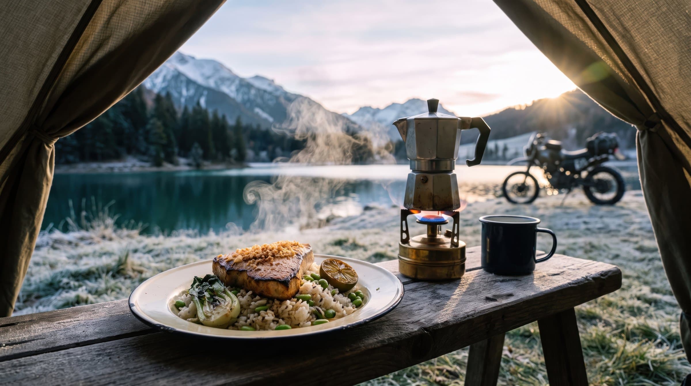 A grilled WILD'R tuna steak on rice and greens, on a camp bench beside a coffee pot on a stove, a frosty lake and mountains beyond