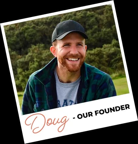 A polaroid of Doug, our founder, smiling in a cap and check shirt