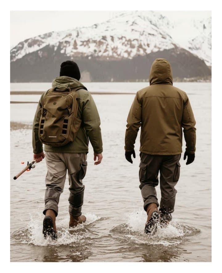 A polaroid: two people wading into the shallows below snowy mountains, one carrying a fishing rod