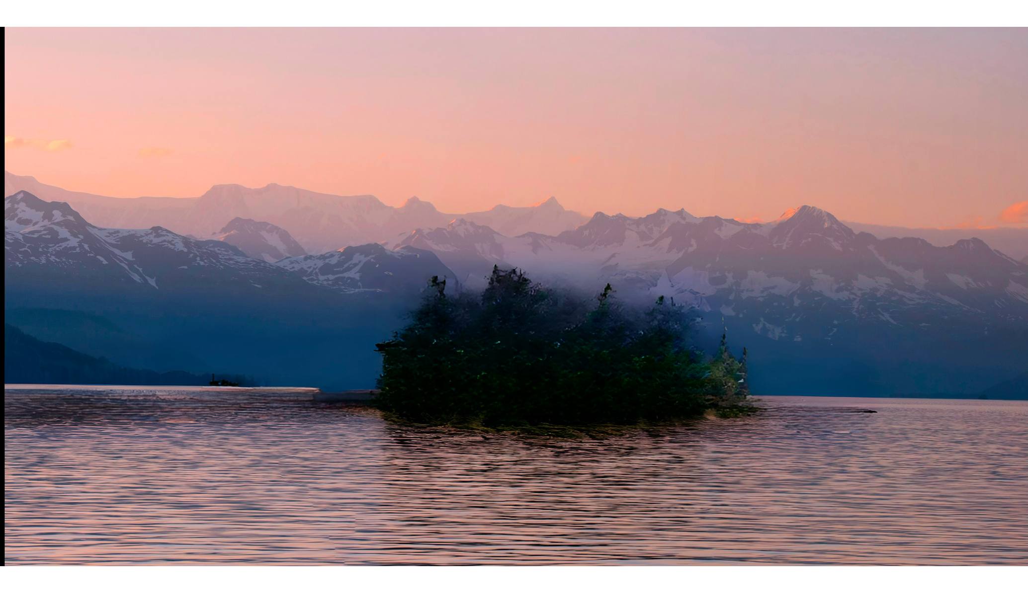 A wooded islet on a still lake at sunset, mountains behind