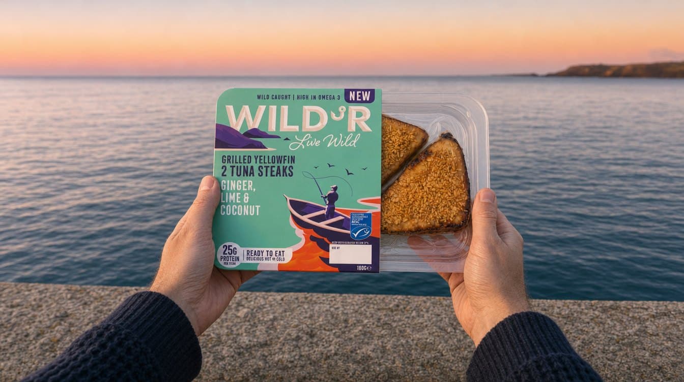 Two hands holding a WILD'R Ginger, Lime & Coconut tuna steaks pack over a harbour wall, calm sea and a sunset sky behind