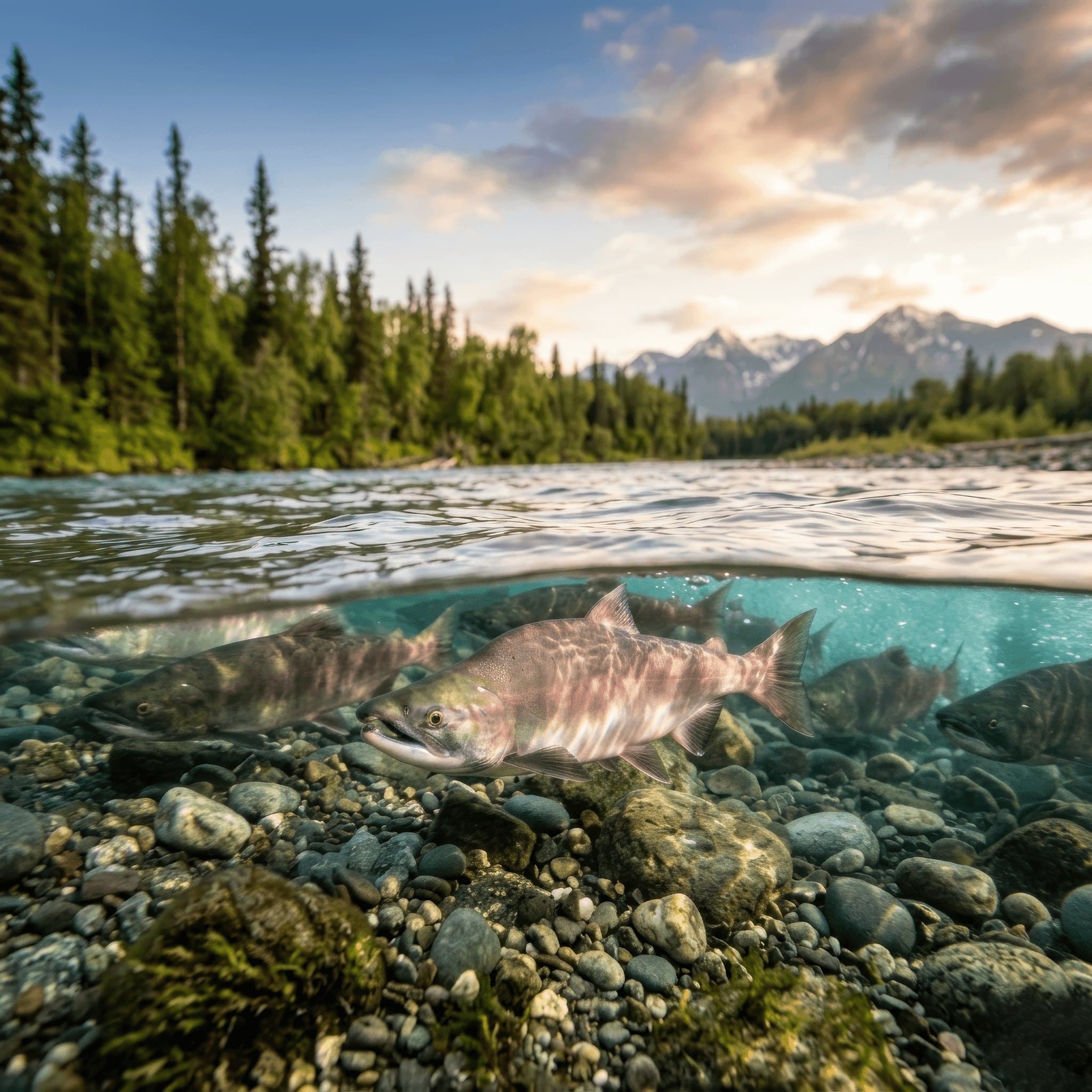 Wild salmon in a shallow Alaskan river